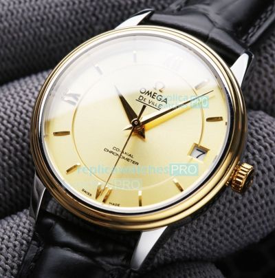 Super Copy Omega De Ville Yellow Gold Dial Black Leather Strap Yellow Gold Bezel 40mm